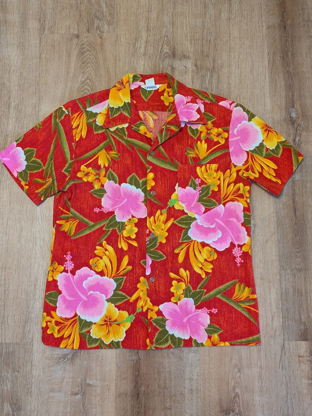 Vintage Red Floral Hawaiian Camp Shirt with Pink and Yellow Blooms